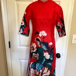 Vietnamese Ao Dai Red Dress with White Pants